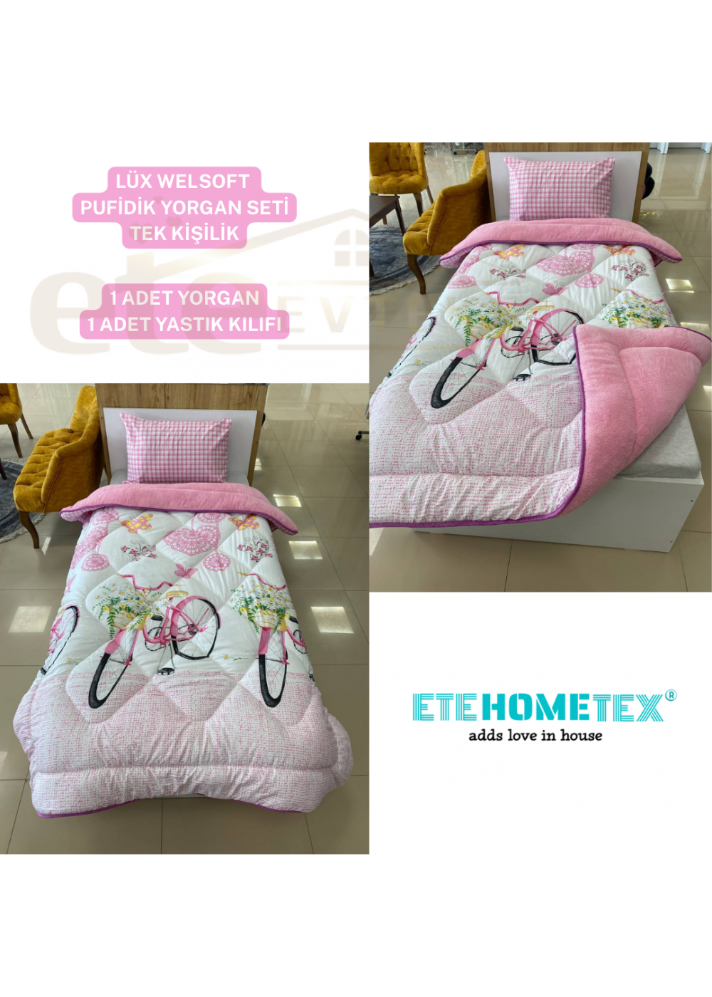 ETE HOMETEX TEK KİŞİLİK LÜX WELSOFT YORGAN BİSİKLET PEMBE 155X215CM 8696474231865 ETE HOMETEX TEK KİŞİLİK LÜX WELSOFT YORGAN BİSİKLET PEMBE 155X215CM 8696474231865